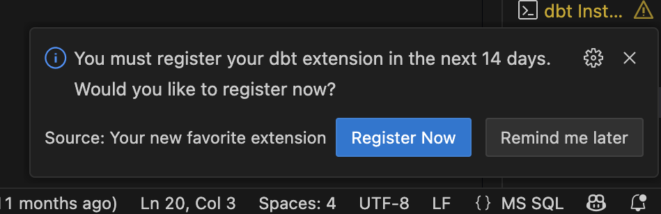 The extension registration prompt in VS Code.